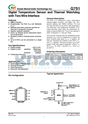 G751-1 datasheet - Digital Temperature Sensor and Thermal Watchdog with Two-Wire Interface