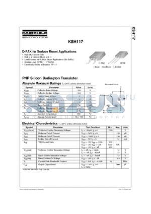 KSH117 datasheet - D-PAK for Surface Mount Applications