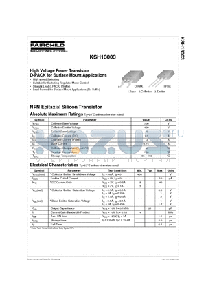 KSH13003 datasheet - High Voltage Power Transistor D-PACK for Surface Mount Applications