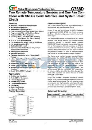 G768D datasheet - Two Remote Temperature Sensors and One Fan Controller with SMBus Serial Interface and System Reset Circuit