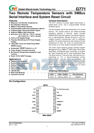 G771 datasheet - Two Remote Temperature Sensors with SMBus Serial Interface and System Reset Circuit