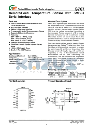 G767 datasheet - Remote/Local Temperature Sensor with SMBus Serial Interface