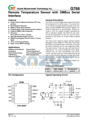 G766 datasheet - Remote Temperature Sensor with SMBus Serial Interface