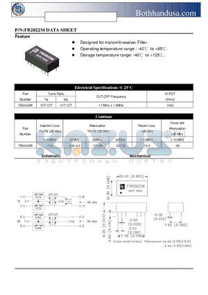 FB2022M datasheet - TRANSMIT / RECEIVER FILTER APPLY TO GENERIC IC