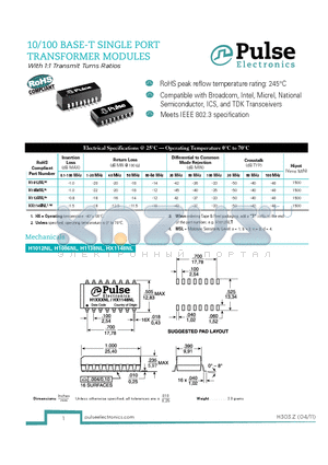 H1012NL datasheet - 10/100 BASE-T SINGLE PORT TRANSFORMER MODULES