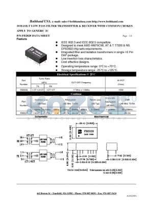 FB2028 datasheet - 10 BASE-T LOW PASS FILTER TRANSMITTER & RECEIVER WITH COMMON CHOKES