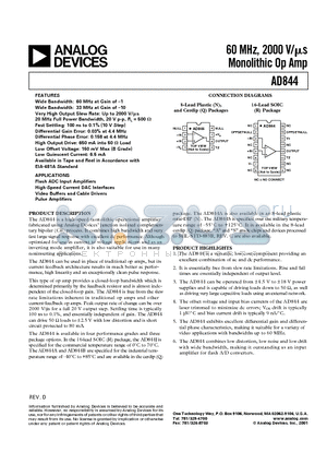 AD844 datasheet - 60 MHz, 2000 V/us Monolithic Op Amp