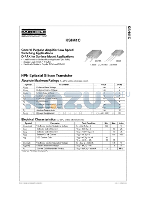 KSH41C datasheet - General Purpose Amplifier Low Speed Switching Applications D-PAK for Surface Mount Applications