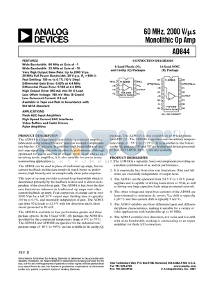 AD844AN datasheet - 60 MHz, 2000 V/us Monolithic Op Amp