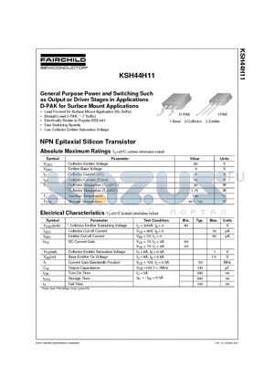 KSH44H11I datasheet - General Purpose Power and Switching Such as Output or Driver Stages in Applications D-PAK for Surface Mount Applications