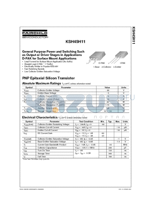 KSH45H11 datasheet - General Purpose Power and Switching Such as Output or Driver Stages in Applications D-PAK for Surface Mount Applications