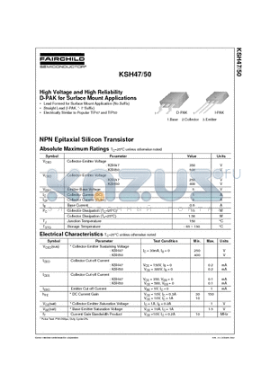 KSH47 datasheet - High Voltage and High Reliability D-PAK for Surface Mount Applications