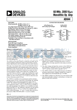 AD844SCHIPS datasheet - 60 MHz, 2000 V/us Monolithic Op Amp