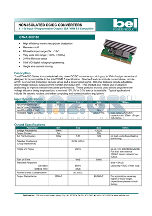 G7NA-30D180 datasheet - NON-ISOLATED DC/DC CONVERTERS 3 - 15V Input / Programmable Output / 30A VRM 8.5 Compatible