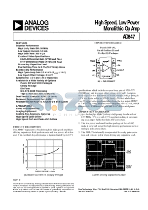 AD847 datasheet - High Speed, Low Power Monolithic Op Amp