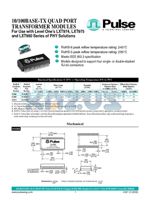 H1069NL datasheet - 10/100BASE-TX QUAD PORT TRANSFORMER MODULES For Use with Level Ones LXT974, LXT975 and LXT980 Series of PHY Solutions