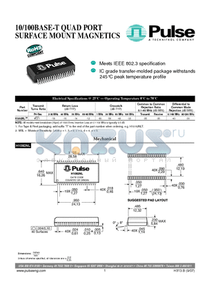 H1092NL datasheet - 10/100BASE-T QUAD PORT SURFACE MOUNT MAGNETICS