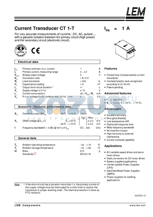 CT1-T datasheet - Current Transducer