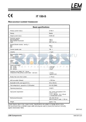 IT150-S datasheet - HIGH ACCURACY CURRENT TRANSDUCER