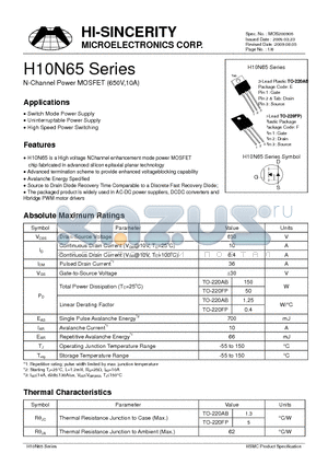 H10N65 datasheet - N-Channel Power MOSFET (650V,10A)