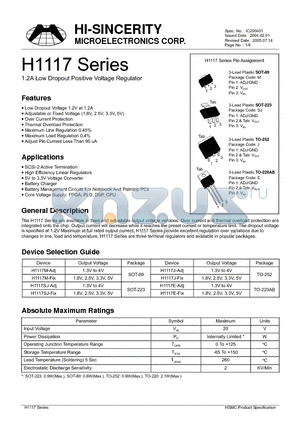H1117 datasheet - 1.2A Low Dropout Positive Voltage Regulator