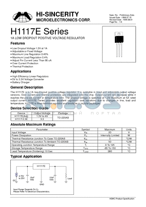 H1117-3.3E datasheet - 1A LOW DROPOUT POSITIVE VOLTAGE REGULATOR