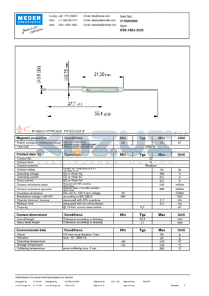 KSK-1A52-2015 datasheet - Glass length of 21 mm and diameter of 2.75 mm