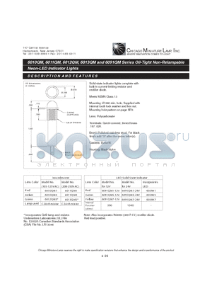 6091QM1-12V datasheet - Oil-Tight Non-Relampable Neon-LED Indicator Lights