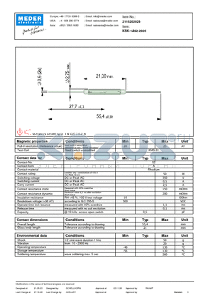 KSK-1A52-2050 datasheet - Glass length of 21 mm and diameter of 2.75 mm