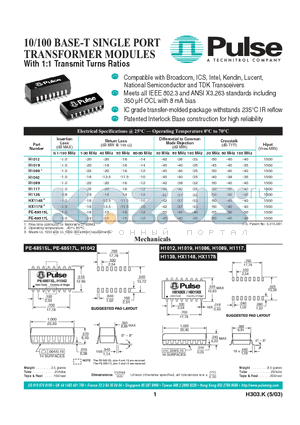 H1138 datasheet - 10/100 BASE-T SINGLE PORT TRANSFORMER MODULES