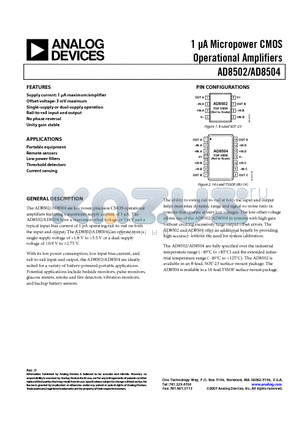 AD8502ARJZ-REEL datasheet - 1 lA Micropower CMOS Operational Amplifiers