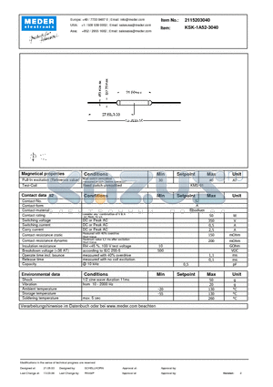 KSK-1A52-3040 datasheet - KSK Reed Switch