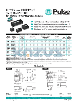 H1180 datasheet - 10/100BASE-TX VoIP Magnetics Modules