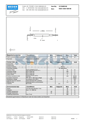 KSK-1A54-100140 datasheet - KSK Reed Switch