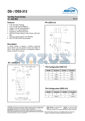 DSS-313 datasheet - Two-Way Power Divider, 10 - 2000 MHz