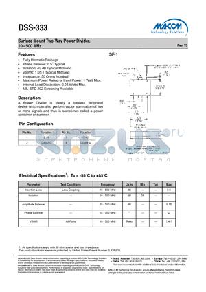 DSS-333PIN datasheet - Surface Mount Two-Way Power Divider, 10 - 500 MHz