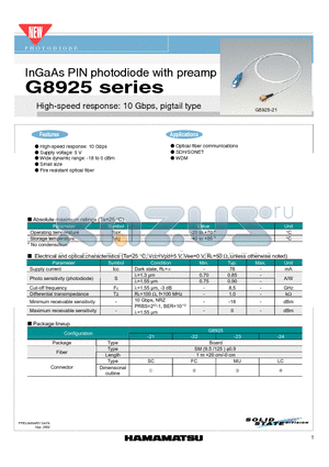 G8925 datasheet - InGaAs PIN photodiode with preamp