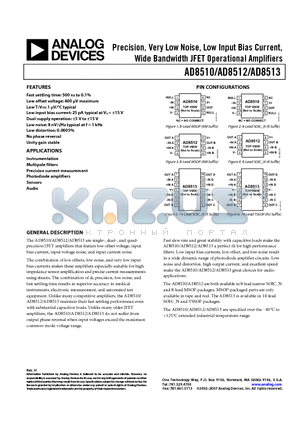 AD8510BR-REEL datasheet - Precision, Very Low Noise, Low Input Bias Current, Wide Bandwidth JFET Operational Amplifiers