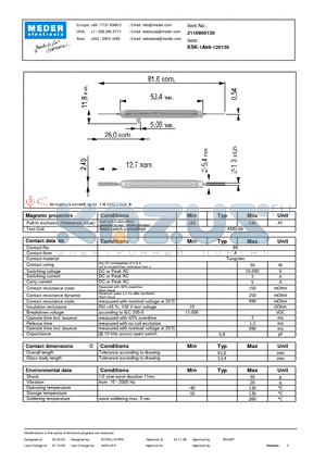 KSK-1A69-120130 datasheet - KSK Reed Switches
