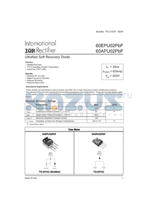 60APU02PBF datasheet - Ultrafast Soft Recovery Diode