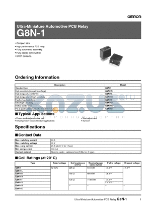 G8N-1 datasheet - Ultra-Miniature Automotive PCB Relay