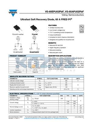 60APU02PBF datasheet - Ultrafast Soft Recovery Diode, 60 A FRED Pt