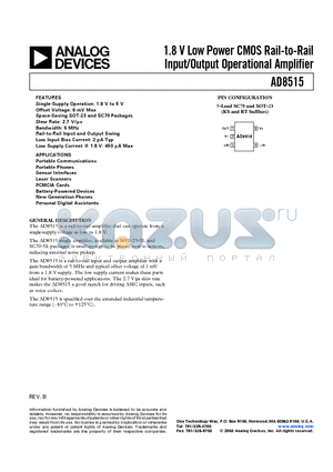 AD8515 datasheet - 1.8 V Low Power CMOS Rail-to-Rail Input/Output Operational Amplifier
