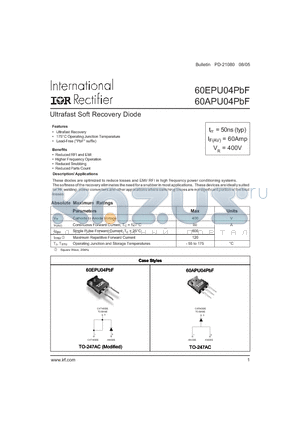 60APU04PBF datasheet - Ultrafast Soft Recovery Diode