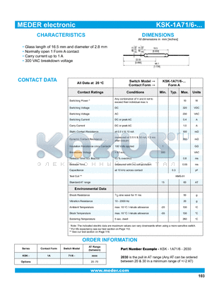 KSK-1A71-6-2070 datasheet - Glass length of 16.5 mm and diameter of 2.8 mm