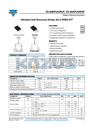 60APU04PBF datasheet - Ultrafast Soft Recovery Diode, 60 A FRED Pt