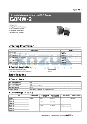 G8NW-2 datasheet - Ultra-Miniature Automotive PCB Relay