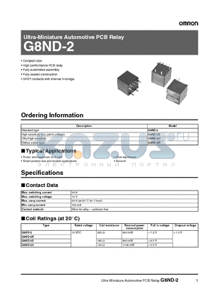 G8ND-2U datasheet - Ultra-Miniature Automotive PCB Relay