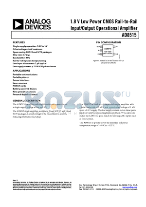 AD8515ARTZ-R2 datasheet - 1.8 V Low Power CMOS Rail-to-Rail Input/Output Operational Amplifier