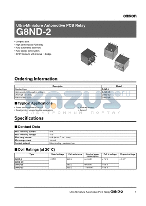 G8ND-2 datasheet - Ultra-Miniature Automotive PCB Relay